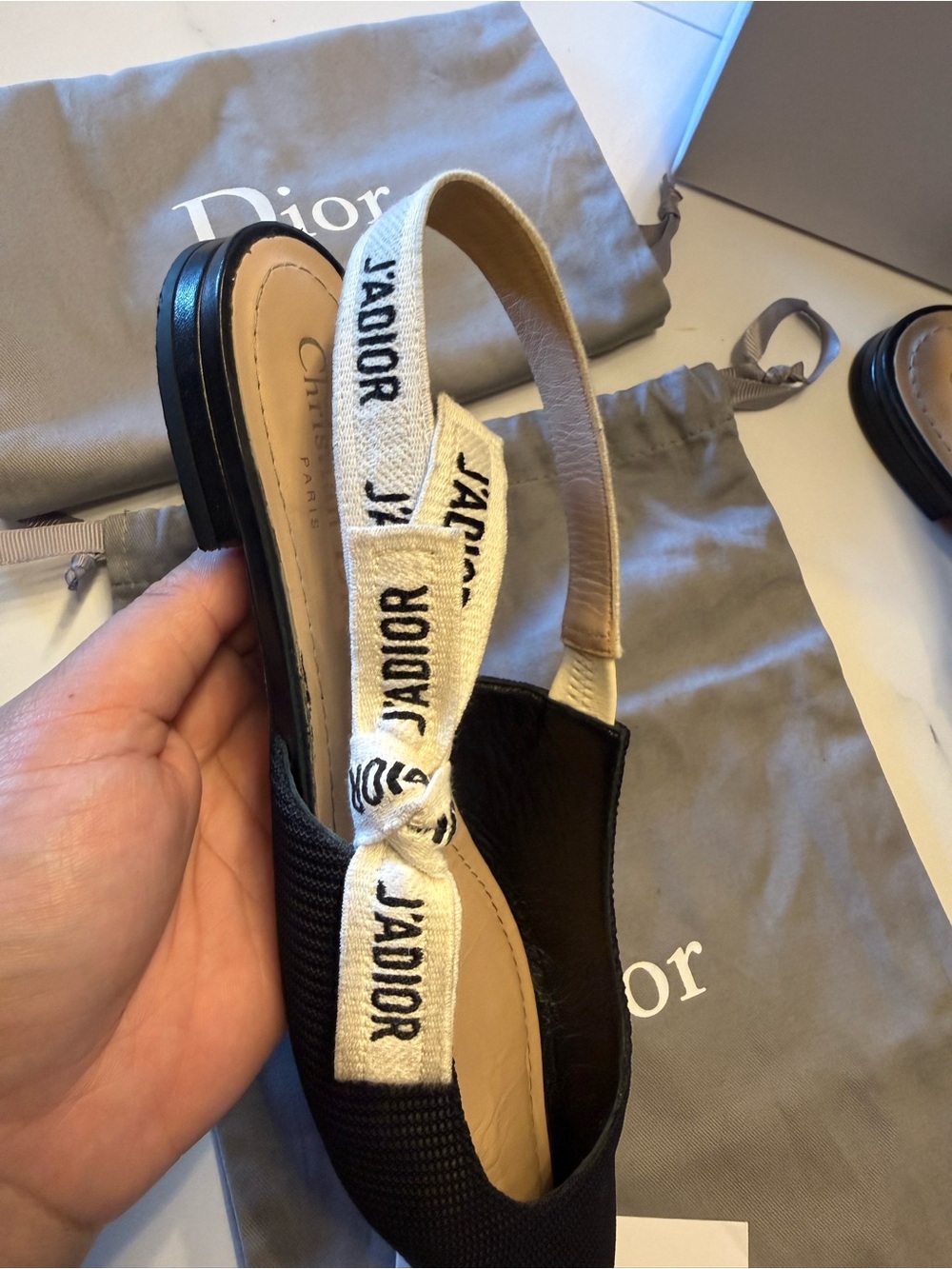 ‼️SOLD‼️ Dior Black Pointed-Toe Slingback Flats with Cream J'Adior Straps - Picture 11 of 13